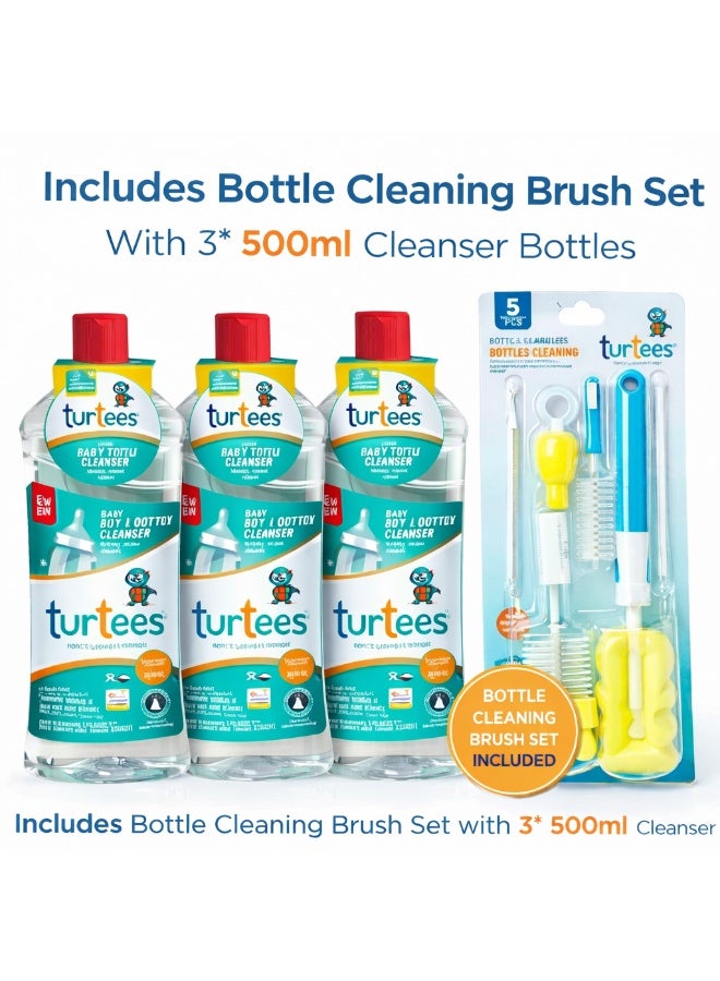 turtees منظف زجاجات وألعاب الأطفال من تورتيز 500 مل (عبوة من 3) مع مجموعة فرش تنظيف الزجاجات | غسول زجاجات أطفال لطيف | يزيل بقايا الحليب والرائحة | مناسب للزجاجات والحلمات والألعاب - Image 2